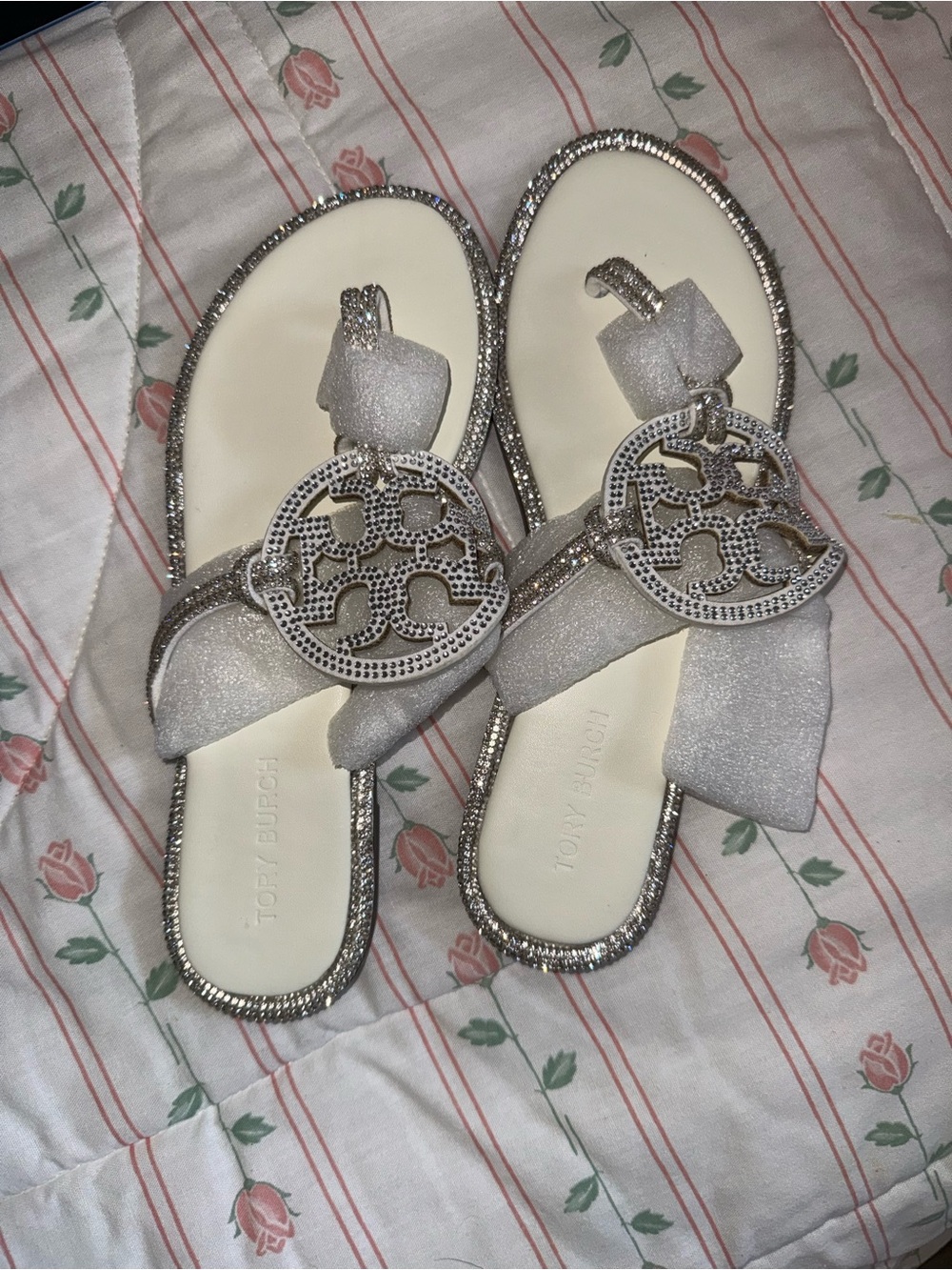Tory Burch Silver Glitter Logo Thong Sandals